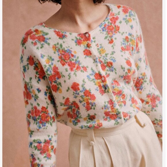 NWT Sezane Juno Cardigan Jumper Sweater  Reversible Floral Ivory Jardin Secret - Picture 4 of 12